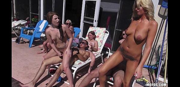  Three slutty girlfriends start a huge outdoor pool party orgy